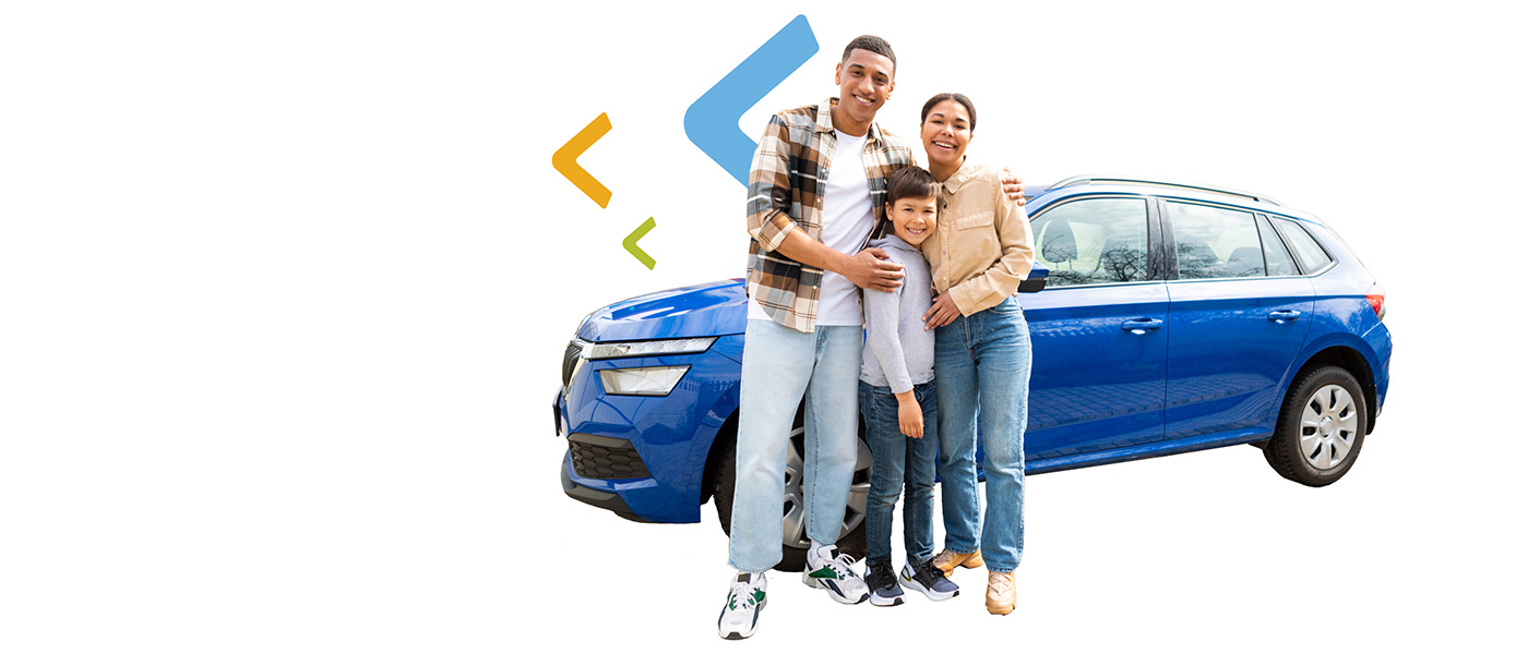 family standing next to car